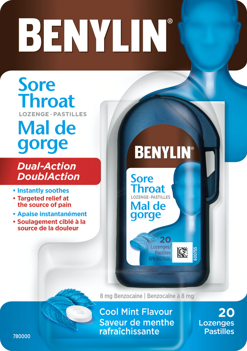 Benylin Sore Throat Cool Mint Flavour 8mg Benzocaine Lozenges 20ct